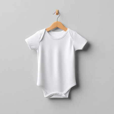 A minimalist white baby bodysuit beautifully displayed on a wooden hanger against a soft gray background, perfect for showcasing newborn clothing styles.の素材