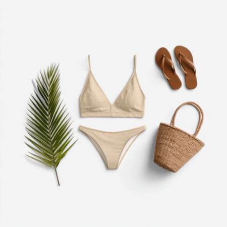 Embrace summer vibes with this flat lay featuring a minimalist beige bikini, stylish sandals, and a straw bag paired with a tropical palm leaf.の素材