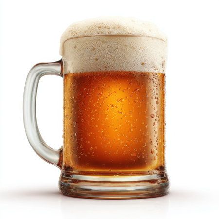 A beautifully crafted glass mug filled with amber beer, topped with a thick, frothy foam, showcasing bubbles that rise invitingly, perfect for any occasion.の素材
