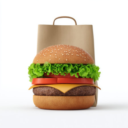A vibrant hamburger featuring layers of fresh lettuce, juicy tomato, cheddar cheese, and a savory patty, presented in an eco-friendly paper bag on a crisp surface.の素材