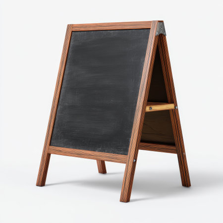This stylish A-frame wooden chalkboard features a blank dark surface, perfect for writing messages or displaying menus in cafes and restaurants.の素材