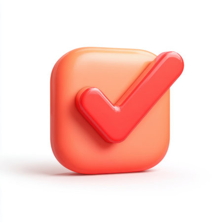 This 3D orange check mark symbol on a rounded background represents confirmation and approval, ideal for marketing and digital communication needs.の素材