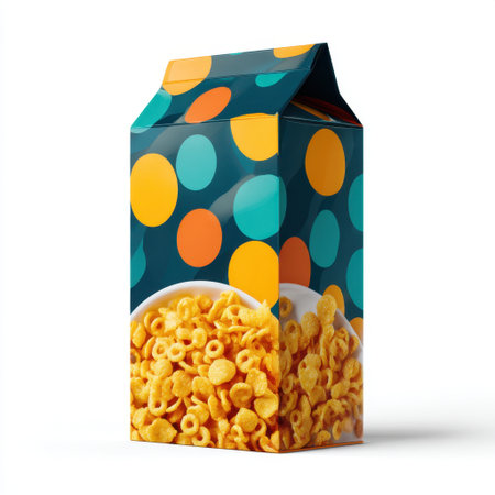 A vibrant box of cereal featuring a playful design with circular patterns, showcasing crunchy cereal in a white bowl for appealing breakfast moments.の素材