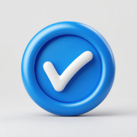 This image features a blue round button with a white check mark symbol, representing approval, success, and confirmation in a clean design.の素材