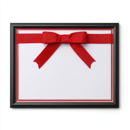 This elegant certificate frame features a striking red ribbon bow, perfect for displaying awards or achievements. A stylish presentation for any occasion.の素材