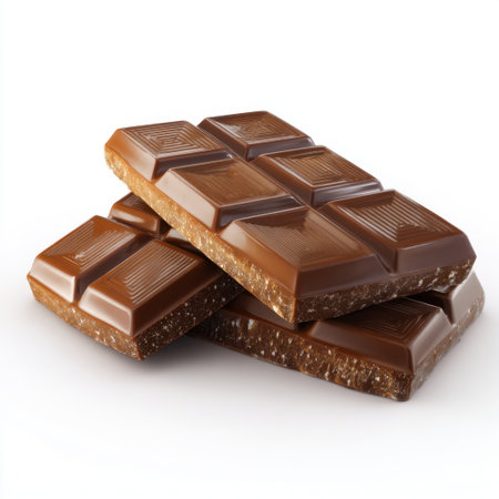 A visually appealing image of milk chocolate bars stacked elegantly on a pristine white background, perfect for dessert-related projects or sweet treat promotions.の素材