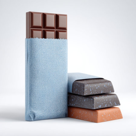 This image features assorted chocolate bars with unique wrappers, perfect for showcasing delicious sweets for desserts, snacks, or gifting.の素材