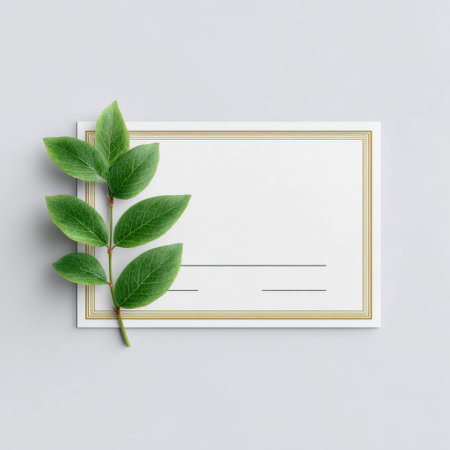 A beautiful blank card featuring elegant gold trim, accompanied by a fresh green leaf. Perfect for creative projects, invitations, or stationery mockups.の素材