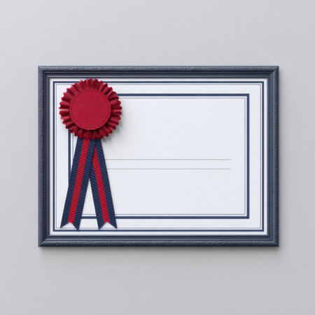 An elegant certificate featuring a red and blue ribbon award placed on a soft gray background, perfect for celebrations or recognition events.の素材