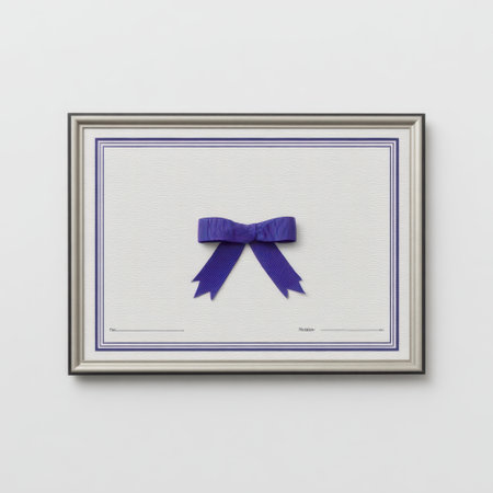 This elegant certificate frame features a striking purple bow, perfect for showcasing achievements, awards, or special recognitions in a stylish manner.の素材
