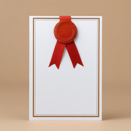This elegant certificate features a rich red seal and ribbon on a clean white background, ideal for displaying achievements or awards in various settings.の素材