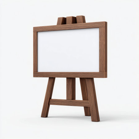 A blank canvas rests on a wooden easel, perfect for showcasing art, ideas, or advertisements. Its minimalist design offers endless creative possibilities.の素材