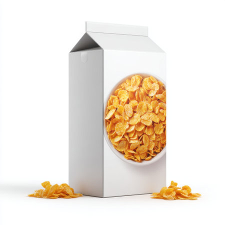 A modern white carton containing golden corn flakes sits prominently on a bright background, emphasizing the crunchy texture and appealing appearance of breakfast cereal.の素材