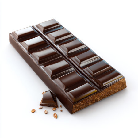 This image features a glossy dark chocolate bar artfully displayed on a clean white background. Perfect for highlighting its rich texture and appeal in culinary contexts.の素材