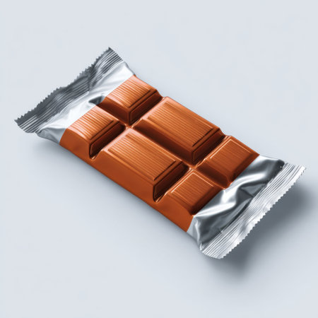 This image showcases a realistic chocolate bar wrapped in shiny silver foil, emphasizing indulgence and deliciousness, perfect for food-related projects.の素材