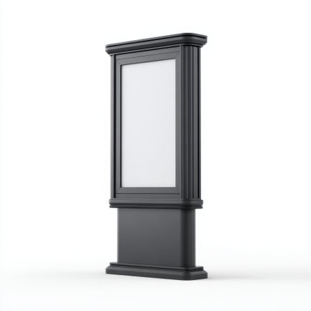 A stylish black display sign stand featuring an empty panel, perfect for customizable graphics or information. Ideal for marketing and advertising needs.の素材