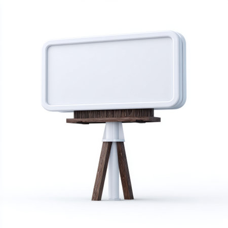 A minimalist outdoor billboard with a blank white surface on a stylish wooden stand. Ideal for showcasing any promotional or advertising content.の素材