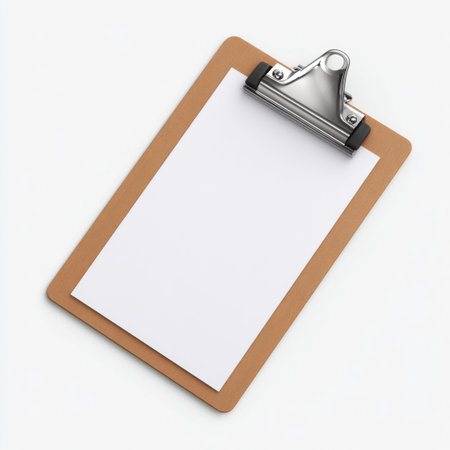 A blank clipboard with a metal clip set against a clean white background, ideal for showcasing designs, notes, or promotional material in various projects.の素材