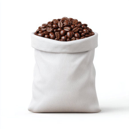 A white fabric bag overflows with freshly roasted coffee beans, showcasing a delightful aroma and texture, perfect for beverage enthusiasts and cafes.の素材