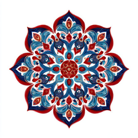 This intricate mandala design features a vibrant arrangement of blue and red colors, perfect for art projects or decorative backgrounds. The smooth curves and symmetrical shapes create a visually captivating piece that embodies creativity and harmony.の素材