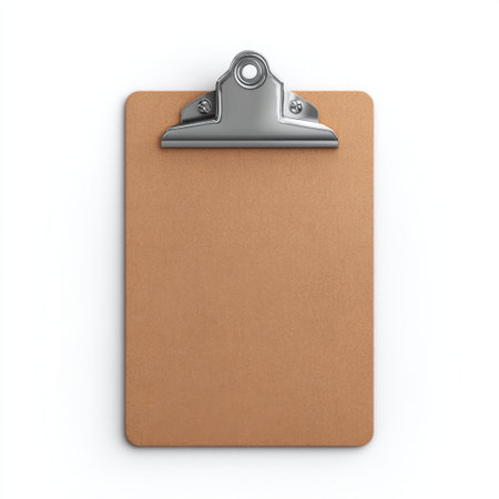 This image features a blank clipboard with a clip, perfect for notes or documents, set against a clean white background ideal for office or educational projects.の素材