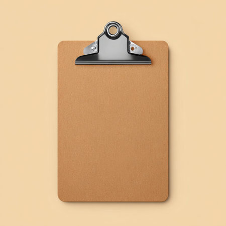 A blank clipboard rests on a neutral background, ideal for showcasing notes, documents, or creative ideas in office and study settings.の素材