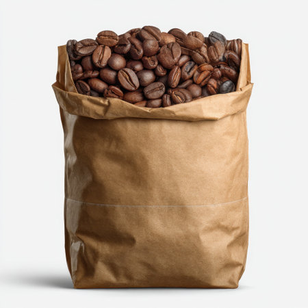 A rustic brown paper bag filled with freshly roasted coffee beans, showcasing rich textures and deep colors, perfect for coffee enthusiasts and cafの素材