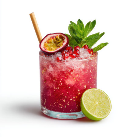 A vibrant cocktail featuring pomegranate and lime, garnished with fresh mint and passion fruit, perfect for hot summer days and celebrations.の素材