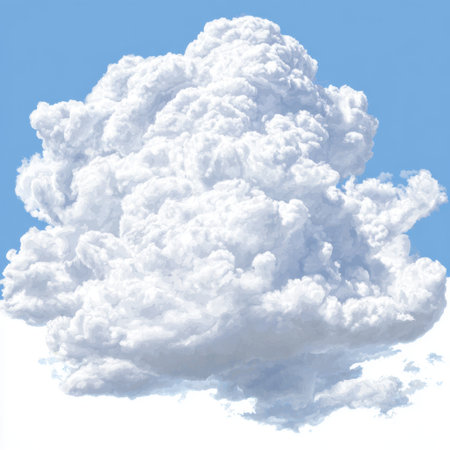 This image showcases beautiful fluffy white clouds against a bright blue sky, creating a serene and tranquil atmosphere ideal for nature-themed projects.の素材