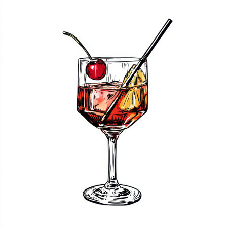 This vibrant cocktail features a cherry and an orange slice in an elegant glass, perfect for summer parties or relaxing evenings. Enjoy the refreshing blend!の素材