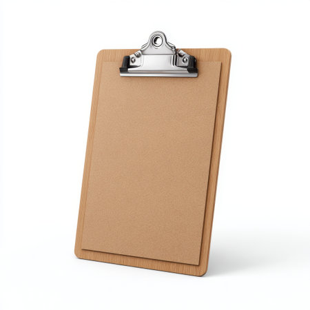 A blank clipboard with a wooden frame sits on a white background, ideal for notes, sketches, or documents, offering a minimalist and organized aesthetic.の素材