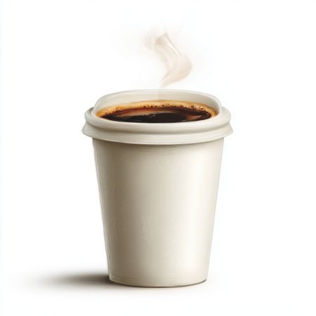 A steaming cup of hot coffee sits on a clean white background, exuding warmth and comfort. Perfect for imagery related to cozy moments or coffee culture.の素材