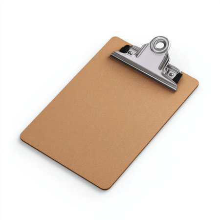 A simple brown clipboard with a sturdy metal clip resting on a white background, perfect for holding documents or notes in office or educational settings.の素材