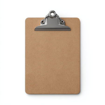 A blank, brown clipboard on a clean white background, perfect for showcasing designs, documents, or creative projects in various professional settings.の素材