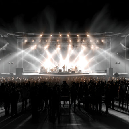 A lively outdoor concert scene filled with a large crowd enjoying a performance under bright lights, capturing the essence of music and connection.の素材