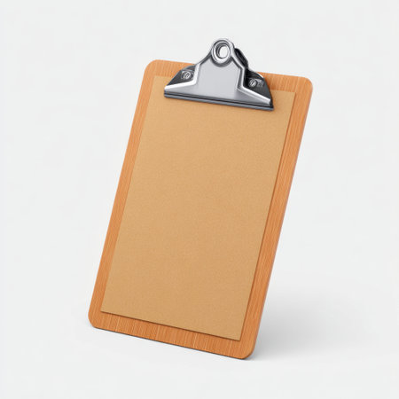 This wooden clipboard features a blank paper surface, ideal for jotting down notes, creating lists, or organizing documents. Perfect for offices and schools.の素材