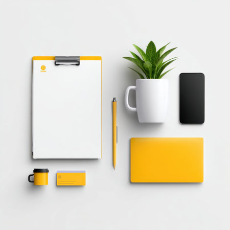 This image showcases a minimalist workspace featuring organized stationery, a smartphone, and a vibrant green plant. The bright yellow accents create an inviting atmosphere perfect for creativity and productivity.の素材