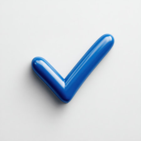 This image features a glossy blue check mark symbol, artistically rendered on a clean white background, perfect for representing positivity or approval in design projects.の素材
