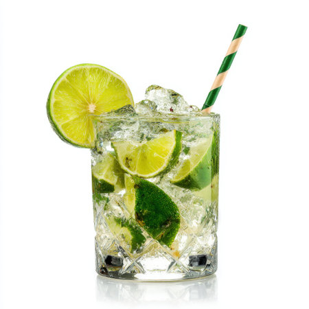 Discover a vibrant mojito cocktail featuring fresh lime and mint served over ice in an elegant glass. This refreshing drink is perfect for summer gatherings.の素材