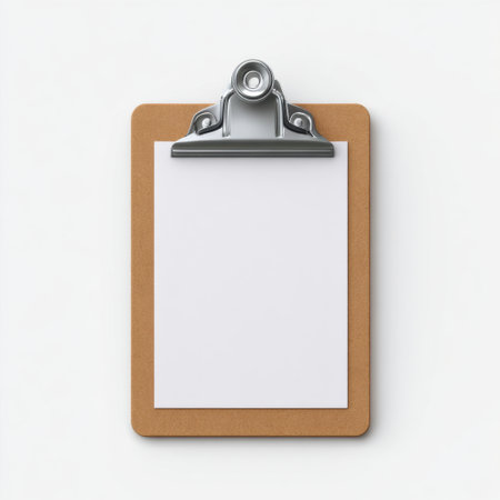 This image features a blank clipboard with a white sheet, ideal for notes, documents, and creative projects in various professional settings.の素材