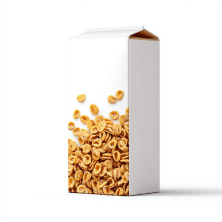 This image features a white carton box filled with crunchy cereal pieces, ideal for breakfast or snacks, promoting healthy eating and minimalist design.の素材