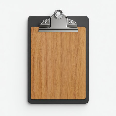 A blank wooden clipboard with a sleek metal clip displayed on a plain white background. Ideal for business presentations, note-taking, or creative projects.の素材