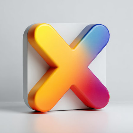 A vibrant and colorful gradient cross icon rendered in 3D, placed on a simple background. This graphic serves as a modern design element for various creative projects.の素材