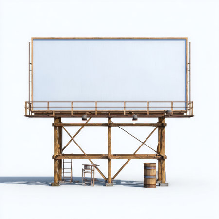 A rustic wooden billboard stands alone on a plain background. The structure features a ladder and barrel, offering a blank canvas for advertising or artistic expression.の素材