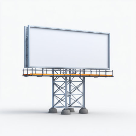 This image features a large empty billboard structure with a minimalistic design, set against a clean white background, ideal for advertising concepts.の素材
