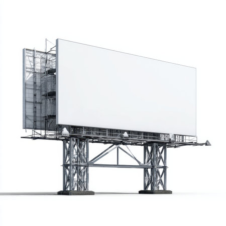 A large empty billboard structure stands prominently in an urban environment, offering a blank canvas for future advertisements. Ideal for showcasing marketing potential.の素材
