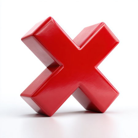 This vibrant glossy red X sign stands prominently against a white background, symbolizing rejection and cancellation, perfect for visual communication.の素材