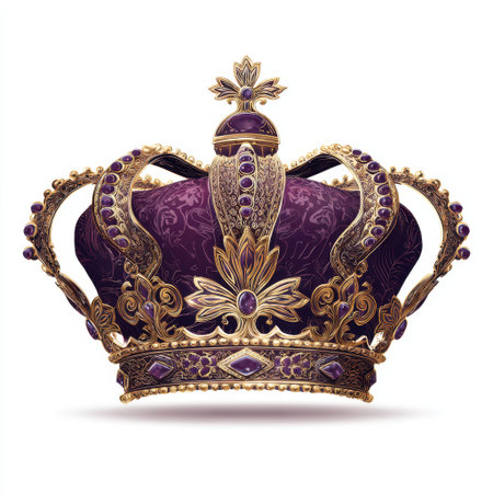 This stunning royal crown features rich purple velvet and intricate gold detailing, embodying elegance and majestic beauty suitable for any regal theme.の素材