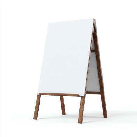 This image features a blank easel board set against a clean white background, ideal for showcasing ideas and presentations. The minimalistic design enhances creativity and professionalism in various settings.の素材