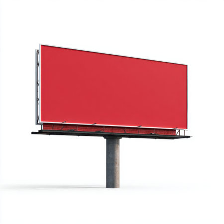A striking image of a blank red billboard mounted on a concrete structure, offering a perfect canvas for creative advertising and messaging opportunities.の素材